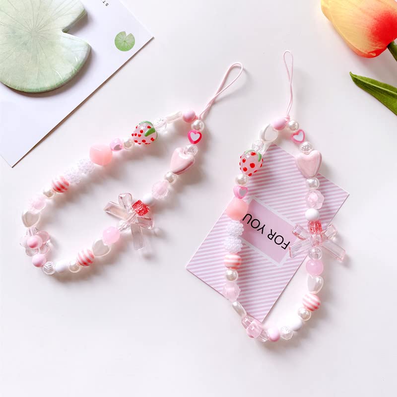 Pink Cute Strawberry Phone Charms Strap, Aesthetic Fruit Flower Love Hearted Phone Chain Pearl Beaded Phone Lanyard Jewelry For